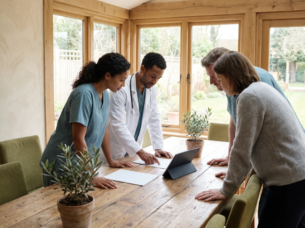 Concept illustration: four people in scrubs, a white coat and a sweater gathered around a wooden table, reviewing a plan on a tablet.